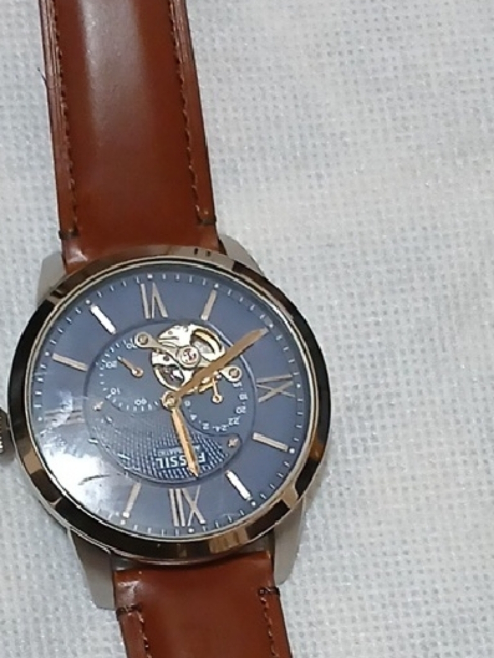 Men's Brown Leather Strap Watch with Blue Dial and Gold Accents